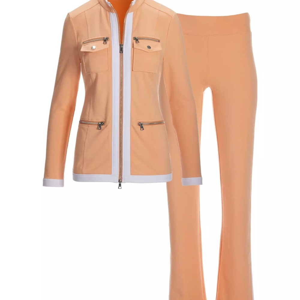 Boston Proper peach color Two-Piece Pantsuit with White Trim. - Picture 2 of 4